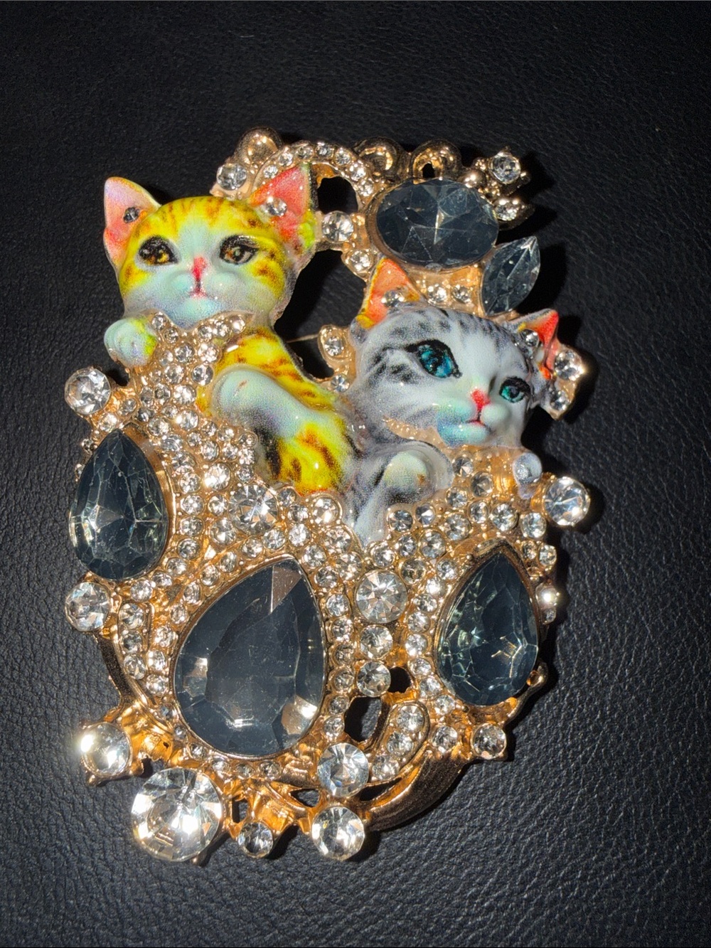 Decorative Cat Brooch Pin with Crystal Accents - Gold, Yellow, White